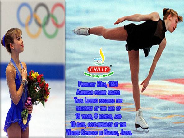 February 20th, 1998 American figure skater Tara Kristen Lipinski becomes the youngest at the age of 15 years, 8 months, and 10 days, gold-medalist at the Winter Olympics in Nagano, Japan.