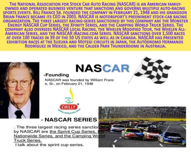 The National Association for Stock Car Auto Racing (NASCAR) is an American family-owned and operated business venture, the company founded in February 21, 1948.