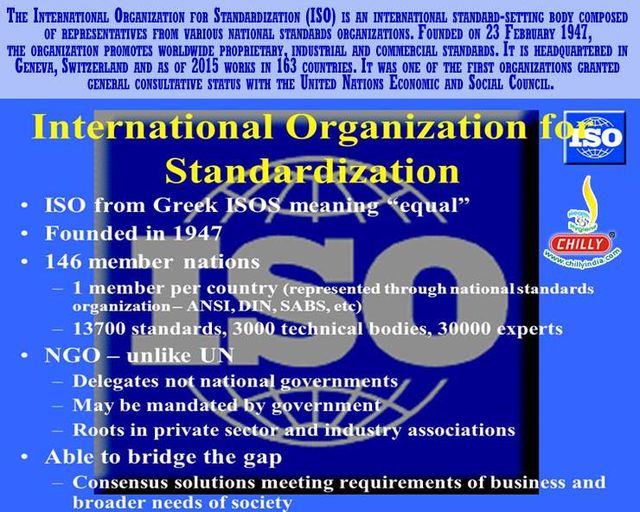 The International Organization for Standardization (ISO) is an international standard setting body composed of representatives from various national standards organizations. Founded on 23 February 1947, It is Headquartered in Geneva, Switzerland.